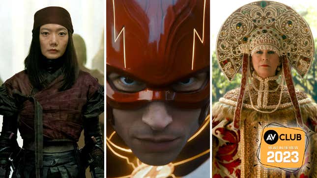Left to right: Doona Bae in Rebel Moon (courtesy Warner Bros.), Ezra Miller in The Flash (courtesy Warner Bros.), Jamie Lee Curtis in Haunted Mansion (Disney)